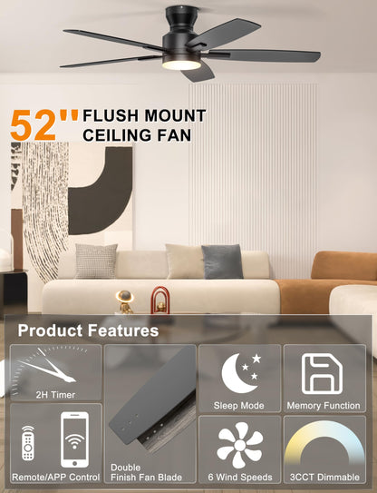 Ohniyou Ceiling Fans with Lights, 52'' Low Profile Ceiling Fan with Light and Remote/APP Control, Modern Flush Mount Ceiling Fan for Indoor Bedroom Living Room, Dimmable, Qiuet DC Motor, Black