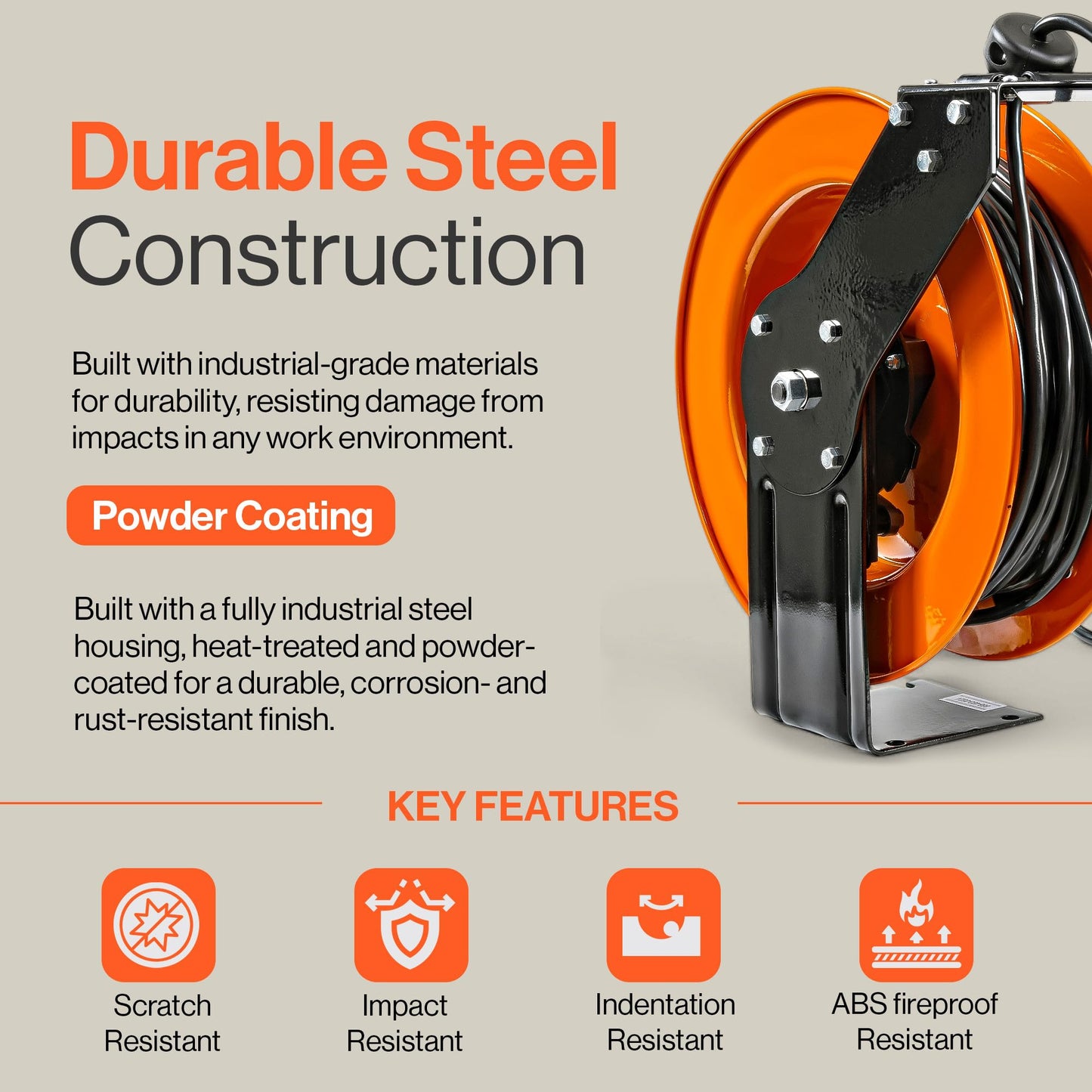 SuperHandy Extension Cord Reel Retractable 12AWG x 80' Foot 3C SJTOW Cable Triple Tap Connector Power Rating 125 Volt AC 15 Amp 1875 Watt Industrial Steel Single Arm