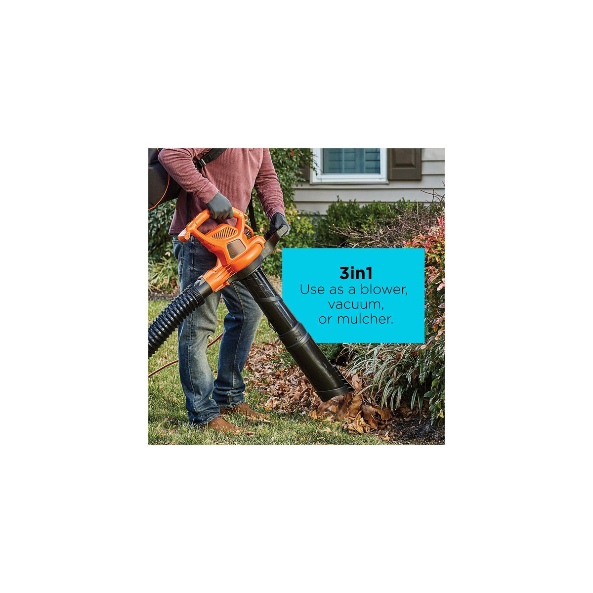 BLACK+DECKER Electric Leaf Blower, Leaf Vacuum and Mulcher 3 in 1, 250 mph Airflow, 400 cfm Delivery Power, Reusable Bag Included, Corded (BEBL7000)
