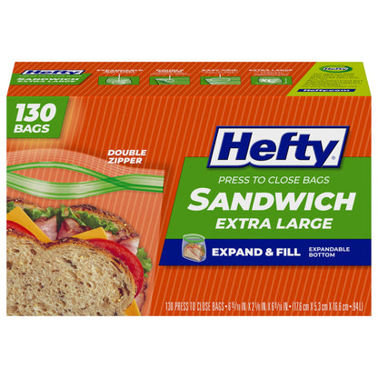 Hefty XL Press to Close Plastic Sandwich Expand and Fill Food Storage Bags, 130 Count