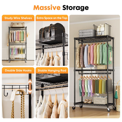 Sweetcrispy Medium Rolling Clothes Rack, Heavy Duty Garment Racks 3 Tiers Portable Adjustable Wire Shelves with Wheels, Hanging Rods, Hooks Freestanding Clothing Wardrobe Closet (15.7"Lx29.5"Wx75.5"H)