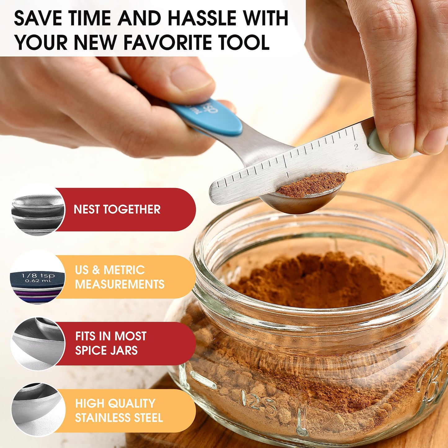 Spring Chef Stainless Steel Magnetic Measuring Spoons Set of 8 with Leveler, Dual Sided Metal Teaspoon & Tablespoon Measuring Spoons, Nesting Kitchen Gadgets for Baking & Cooking - Winter Frost