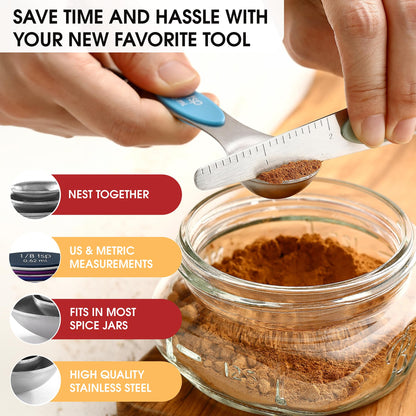 Spring Chef Stainless Steel Magnetic Measuring Spoons Set of 8 with Leveler, Dual Sided Metal Teaspoon & Tablespoon Measuring Spoons, Nesting Kitchen Gadgets for Baking & Cooking - Winter Frost