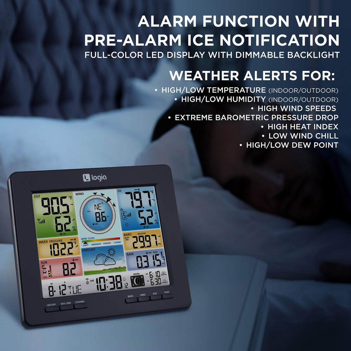 Logia 18-in-1 Wi-Fi Weather Station with 7-in-1 Solar Sensor Array, Temperature Humidity Wind Speed/Direction Rain UV & More, Wireless Color Console w/Forecast Data, Alarm, Alerts