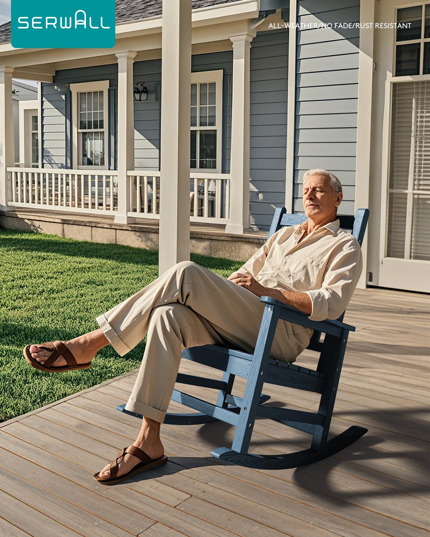 SEWALL Oversized Outdoor Rocking Chair Set of 2, HDPE Rocking Chair for Adults, Patio Rocking Chairs for Porch, Blue