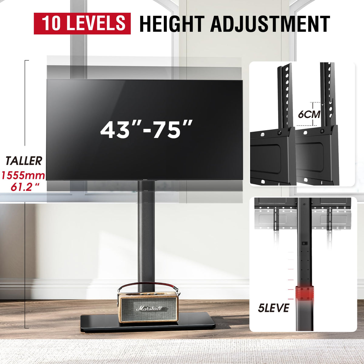 AOKCOS Swivel TV Floor Stand for 43-75 Inches TVs, 8 Level Height Adjustable Corner Extra Tall TV Stand Mount for Living Room/Bedroom, Holds up to 110 lbs,MAX VESA 600x400mm,Black