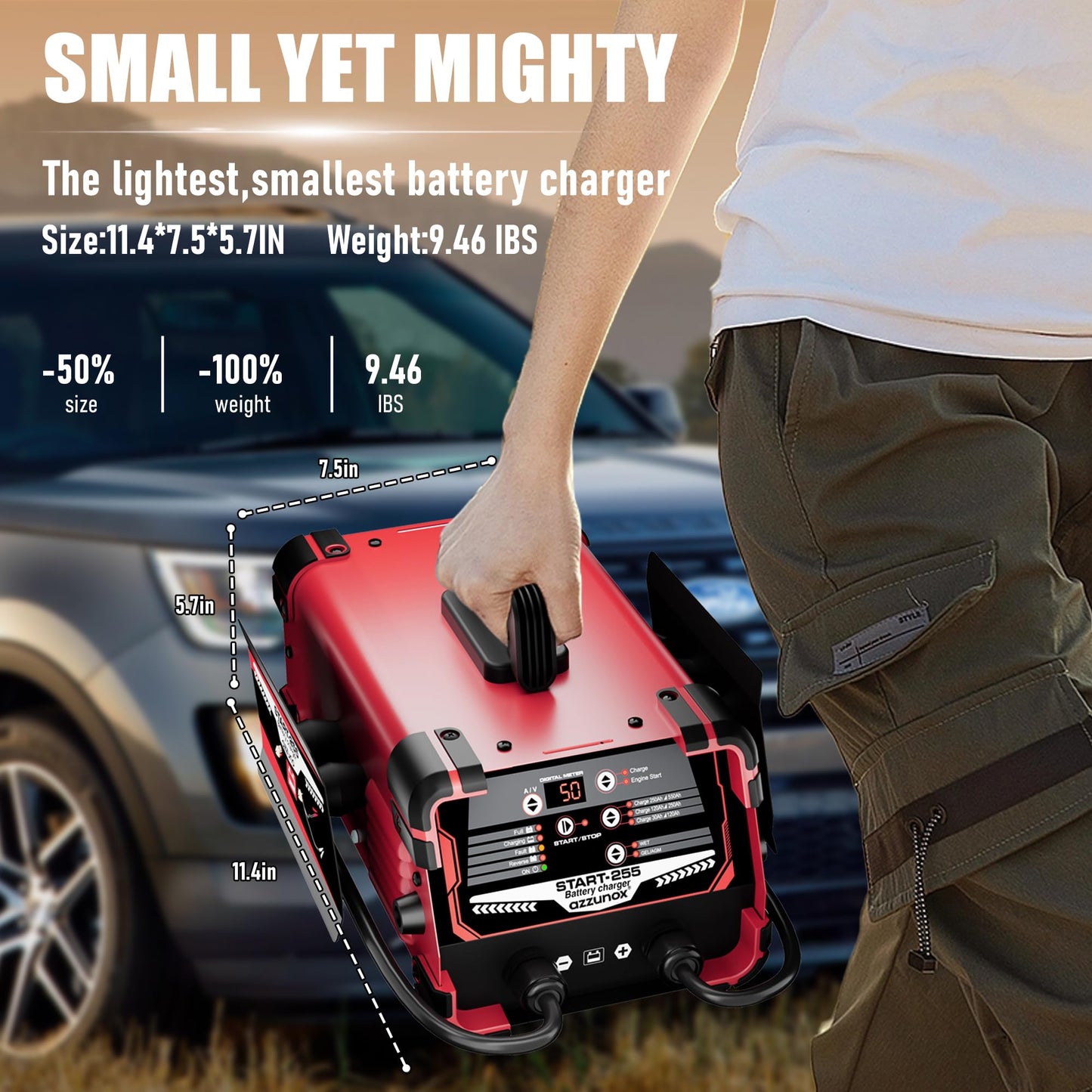 AZZUNOX 12V 24V Car Battery Charger & Engine Starter, 0-50A Automatic Battery Maintainer, 250 Cranking Amps, Jump Starter & Smart Trickle Charger