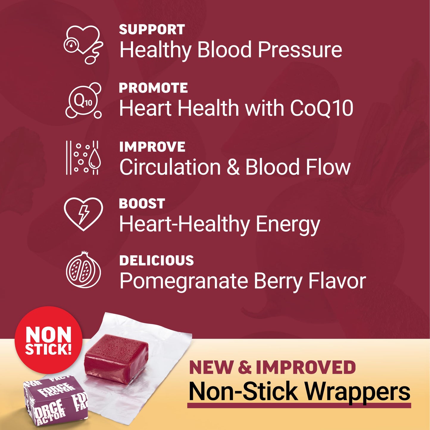 FORCE FACTOR Total Beets Ultimate Heart Health Chews for Blood Pressure Support, with Beetroot Powder, CoQ10, B Vitamins & Grapeseed Extract for Blood Flow & Energy, Pomegranate Berry, 60 Soft Chews
