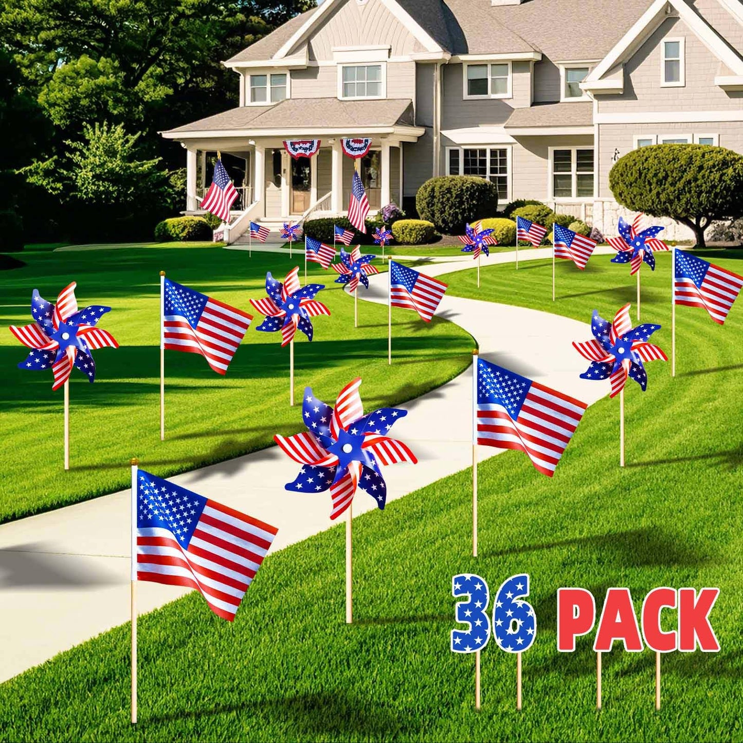 36 Pcs 4th of July Decorations, Patriotic Memorial Day Pinwheels and Flags Small Fourth of July Red White and Blue Labor Day Windmills Independence Day Parade Outdoor Yard Garden Party Decor