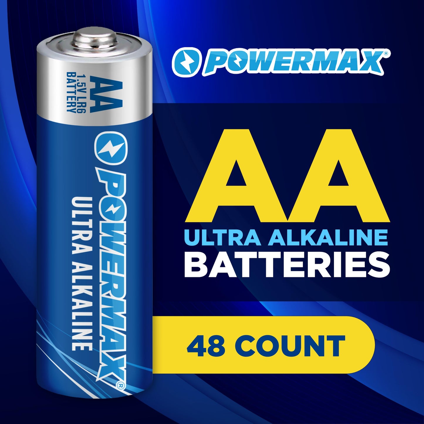 Powermax 48-Count Double AA Batteries, Ultra Long Lasting Alkaline Battery for Home and Office, 10-Year Shelf Life, Reclosable Packaging