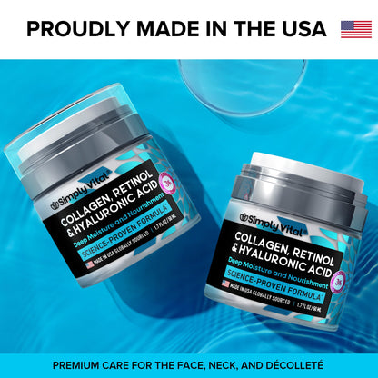 SimplyVital Collagen, Retinol & Hyaluronic Acid Cream - Anti-Aging Face Moisturizer for Face, Firming Skin Care Neck & Décolleté - Made in USA, Daily Moisturizer Face Cream Day & Night - 1.7 fl.oz.