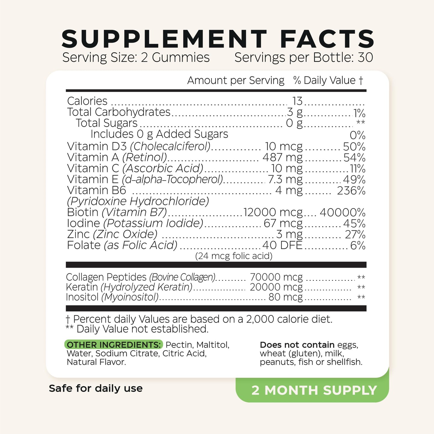 Biotin for Hair Growth Women/Men 12000mcg, Skin & Nails Support Gummies + 70000mcg Collagen Peptides (Collagen Powder in Gummy Form) + 20000mcg Keratin + Retinol, Sugar Free, 120 Gummies (2 Pack)