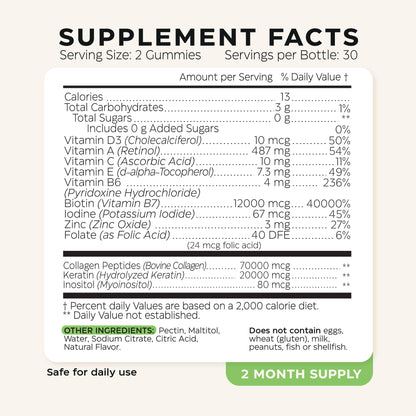 Biotin for Hair Growth Women/Men 12000mcg, Skin & Nails Support Gummies + 70000mcg Collagen Peptides (Collagen Powder in Gummy Form) + 20000mcg Keratin + Retinol, Sugar Free, 120 Gummies (2 Pack)