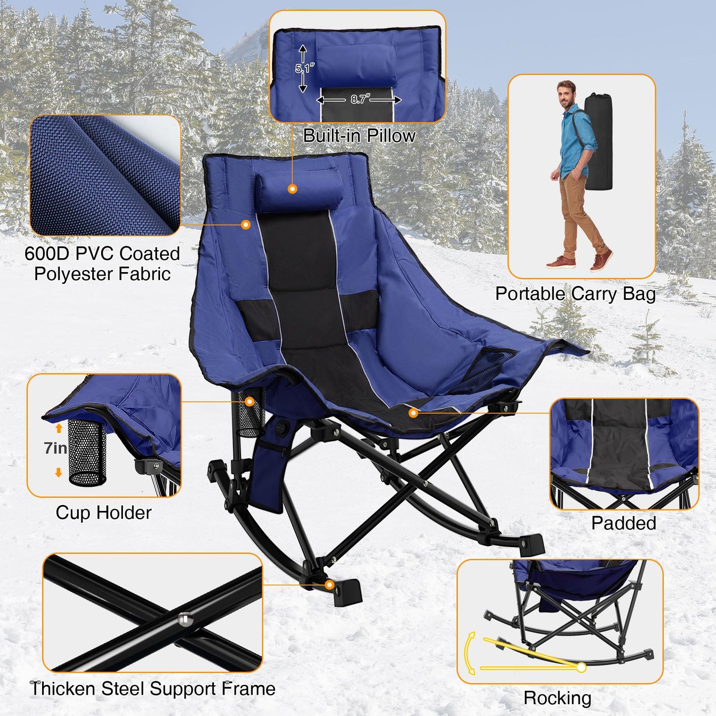 Slendor Oversized Rocking Camping Chair, XL Heated Camping Chair w/ 3 Levels Heat for Back+Seat, Padded Rocking Lawn Chair with 20000 mAh Power Bank, Pillow, Side Pocket, Carry Bag, Navy Blue