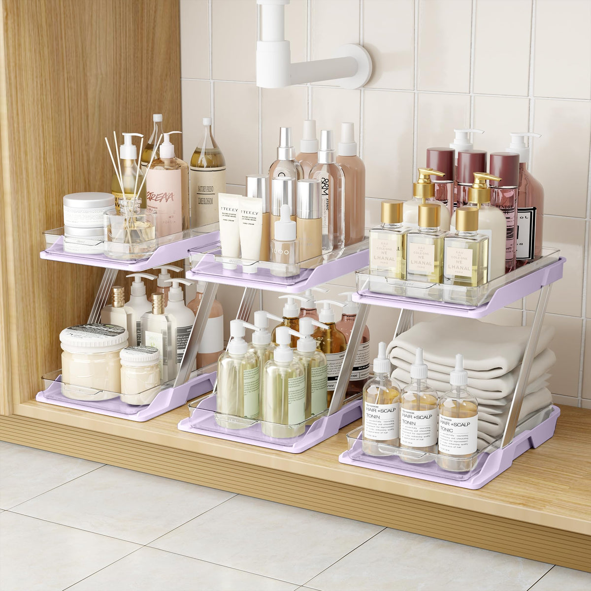 AUGBEAN 3 Pack Bathroom Organizers and Storage - Multi-Purpose,2-Tier Clear Pull Out Organization for Bathroom,Under Sink,Kitchen,Vanity,Countertop,Cabinet,Pantry & Medicine Cabinet,Pink