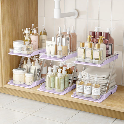 AUGBEAN 3 Pack Bathroom Organizers and Storage - Multi-Purpose,2-Tier Clear Pull Out Organization for Bathroom,Under Sink,Kitchen,Vanity,Countertop,Cabinet,Pantry & Medicine Cabinet,Pink