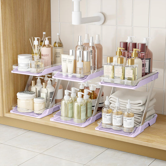 AUGBEAN 3 Pack Bathroom Organizers and Storage - Multi-Purpose,2-Tier Clear Pull Out Organization for Bathroom,Under Sink,Kitchen,Vanity,Countertop,Cabinet,Pantry & Medicine Cabinet,Pink