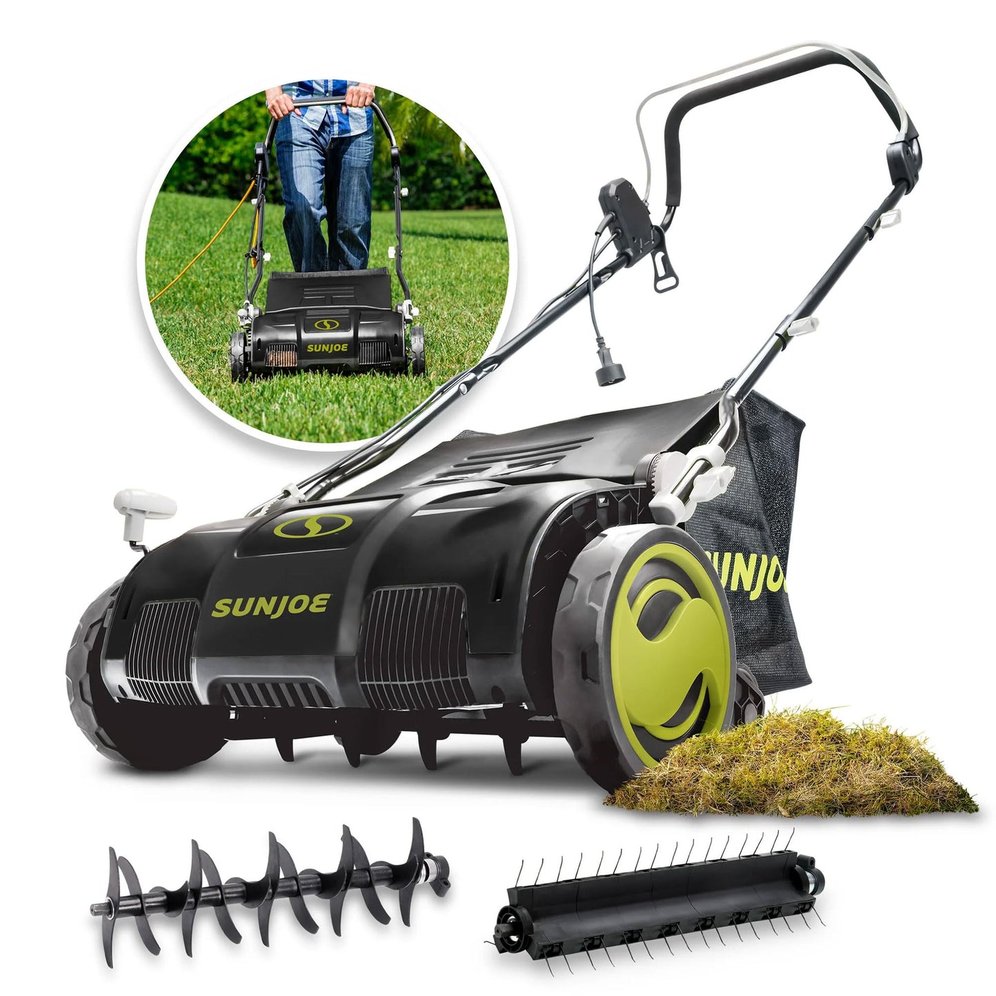Sun Joe Electric Lawn Dethatcher & Scarifier with 13.2-Gal Bag, 13 Amp, 15 Inch, Black/Green - Heavy Duty Gardening Machine and Equipment for Lawn, Yard, and Grass, AJ805E