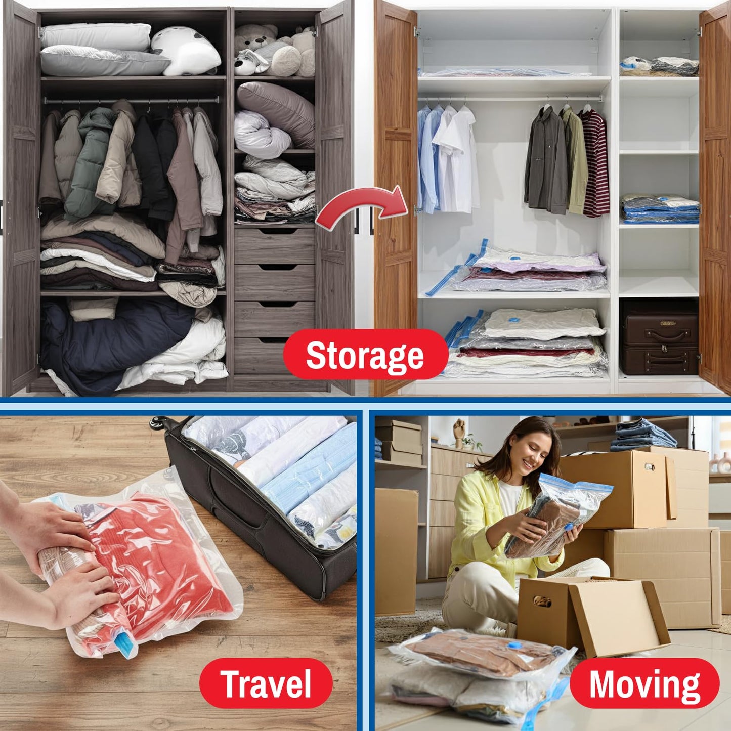 6 Pack Large Vacuum Storage Bags for Comforters, Blankets & Clothes – Vacuum Sealed Compression Bags with Hand Pump – Space Saver Storage Bags for Bedding, Moving, Travel & Organization