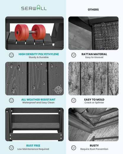 SERWALL 7-Piece Patio Dining Table Sets, Outdoor HDPE Dining Furniture Set with Umbrella Hole Cut-Out Table and 6 Chairs, Black