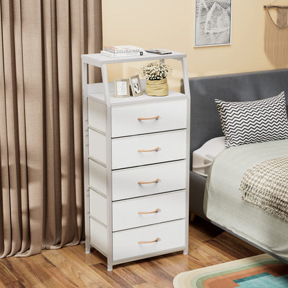 Furnulem White Dresser with 5 Drawers, Vertical Storage Tower Fabric Dresser for Bedroom, Hallway, Entryway, Nursery, Closet Organizer, Nightstand Bedside Table Furniture, Sturdy Steel Frame, Wood Top