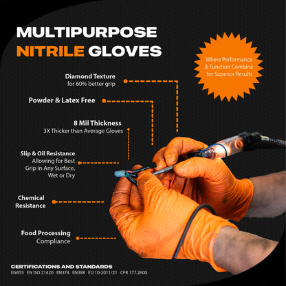 GRIPXX Herkules Grip Heavy Duty 8Mil Orange Nitrile Gloves,3D Raised Diamond Texture-Latex & Powder Free-Industrial, Mechanic (10, X-Large)