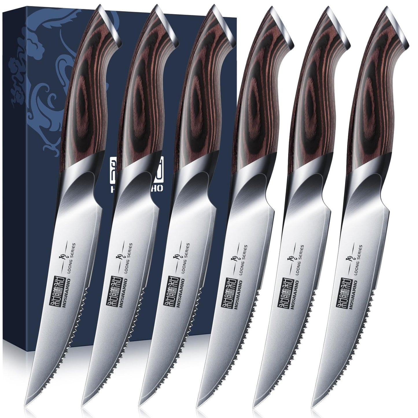 HOSHANHO Steak Knives Set of 6, Ultra Sharp 4.5 Inch Serrated Steak Knife Set, Japanese High Carbon Steel Kitchen Steak Knives with Ergonomic Handle