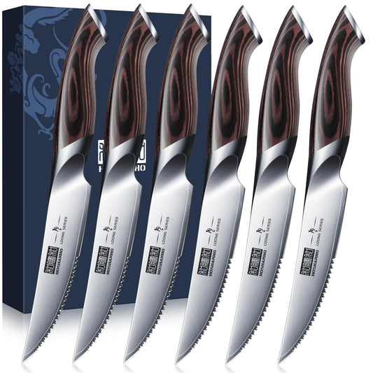 HOSHANHO Steak Knives Set of 6, Ultra Sharp 4.5 Inch Serrated Steak Knife Set, Japanese High Carbon Steel Kitchen Steak Knives with Ergonomic Handle