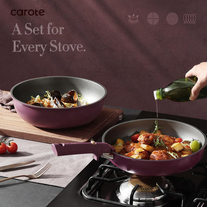 CAROTE 19pcs Pots and Pans Set, Nonstick Cookware Set Detachable Handle, Induction Kitchen Cookware Sets Non Stick with Removable Handle, RV Cookware Set, Gold and Purple