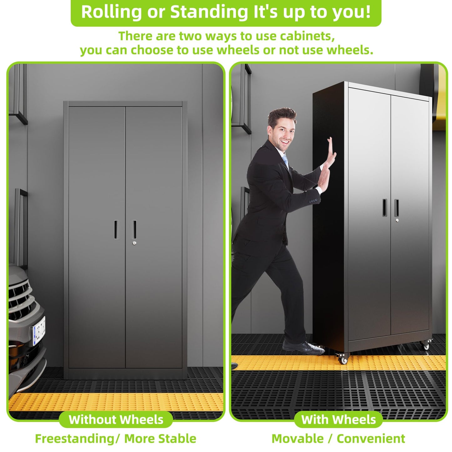 Aobabo 73''H Metal Garage Storage Cabinet with Wheels,Steel Cabinets with 2 Doors and 4 Adjustable Shelves for Home Office,Required Assembly,Black