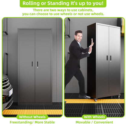 Aobabo 73''H Metal Garage Storage Cabinet with Wheels,Steel Cabinets with 2 Doors and 4 Adjustable Shelves for Home Office,Required Assembly,Black