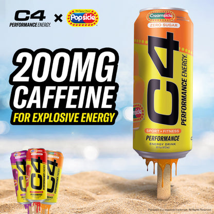 C4 Performance Energy Drink | Zero Sugar Carbonated Preworkout Energy | 200mg Caffeine with Beta Alanine | Orange Creamsicle | 16 Fl Oz (12 Pack)