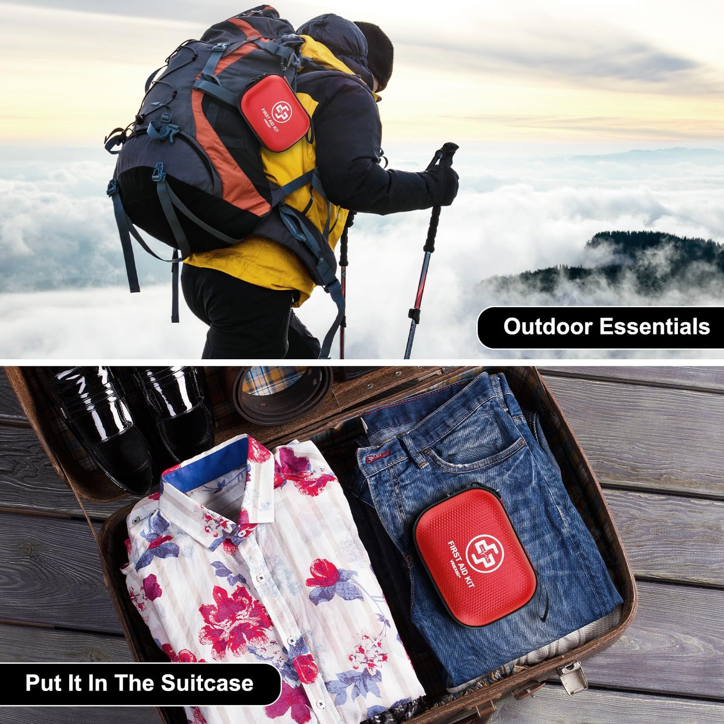 Mini First Aid Kit - 150 Piece Small Waterproof Hard Shell Medical Kit for Home, Car, Travel, Camping, Truck, Hiking, Sports, Office, Vehicle & Outdoor Emergencies- Small First Aid Medical Kit (Red)