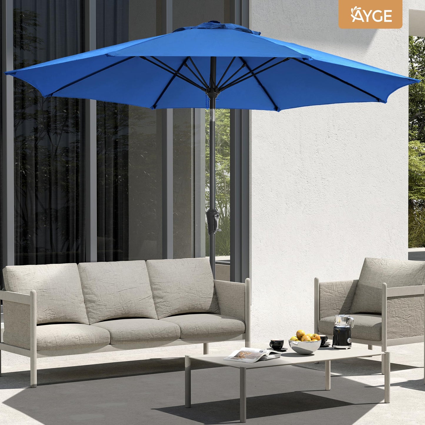 Ayge 9FT Large Outdoor Patio Umbrella Market Table Umbrella-UV Resistant, Easy Push Button Tilt and Crank, 8 Sturdy Fiberglass Ribs Heavy-Duty Pool Umbrella for Deck, Backyard,Garden, Yard,Blue