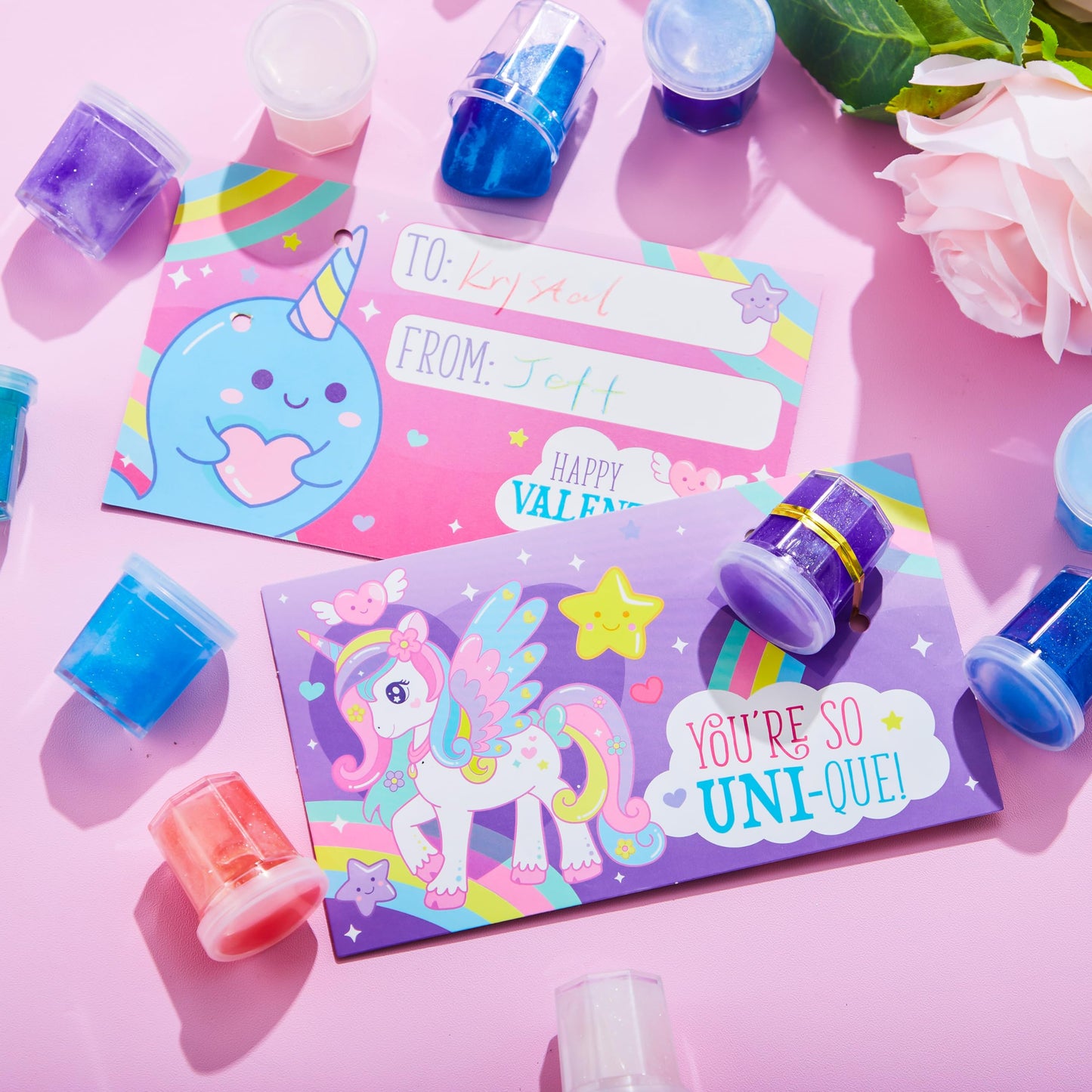 JOYIN 30 PCS Valentine Day Gift Cards with Fantasy Slime Stress Relief Fidget Toy for Kids, Classroom Exchange Prizes, Valentines Party Favors, Exchange Gifts Greeting Card