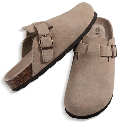 KIDMI Women's Genuine Suede Clogs Cork Footbed Sandals Leather Mules Potato Shoes with Arch Support Taupe 40 (Size 8.5)