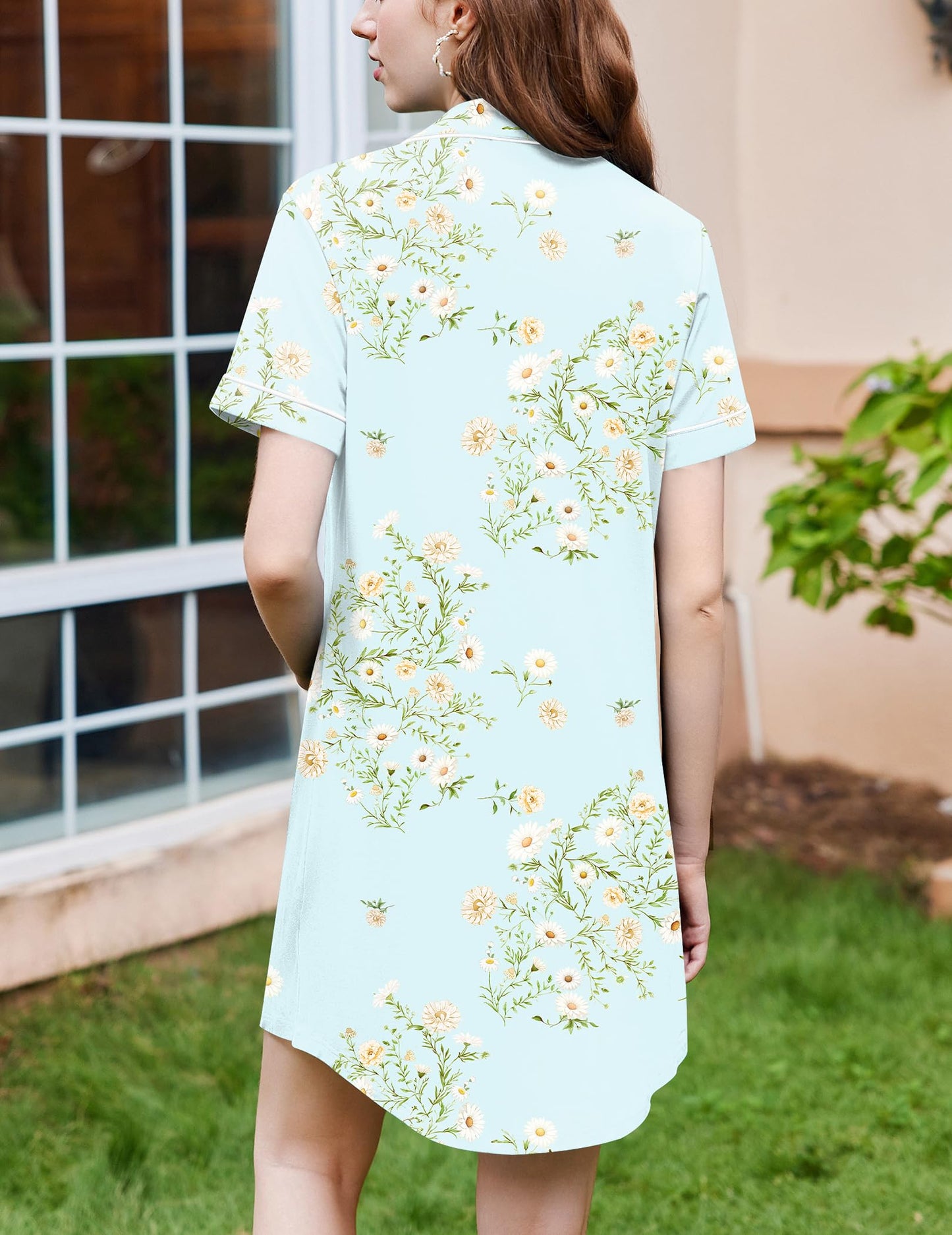 Ekouaer Nightgowns for Women Button Down Sleepshirt Short Sleeve Nightshirt Boyfriend Pajamas V Neck Nightdress Light Green Floral Medium