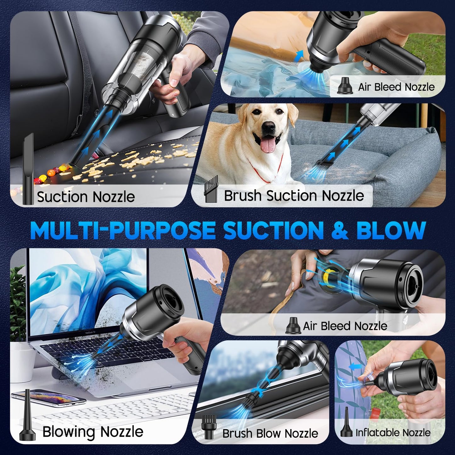 KMM Handheld Car Vacuum Cleaner, 10000PA Vacuum Cleaner & Air Duster, 120W High Power Vacuum Portable Cordless, Hand Held Vacuum Rechargeable with Multi-Nozzles & LED Light for Home, Car, Office