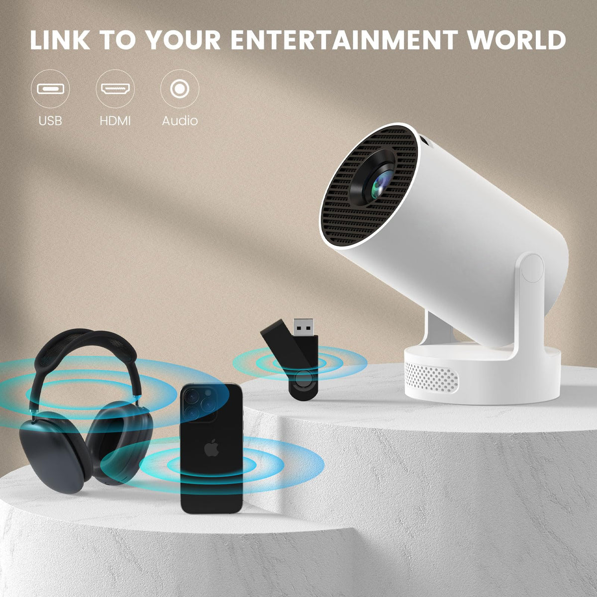 Mini Portable Projector with 4K Support, Bluetooth 5.4 WIFI6, 5watt Sound Base Speaker, 160 ANSI, Android 11, 210° Rotation , Auto Keystone Correction Video Projector HY300 Pro+