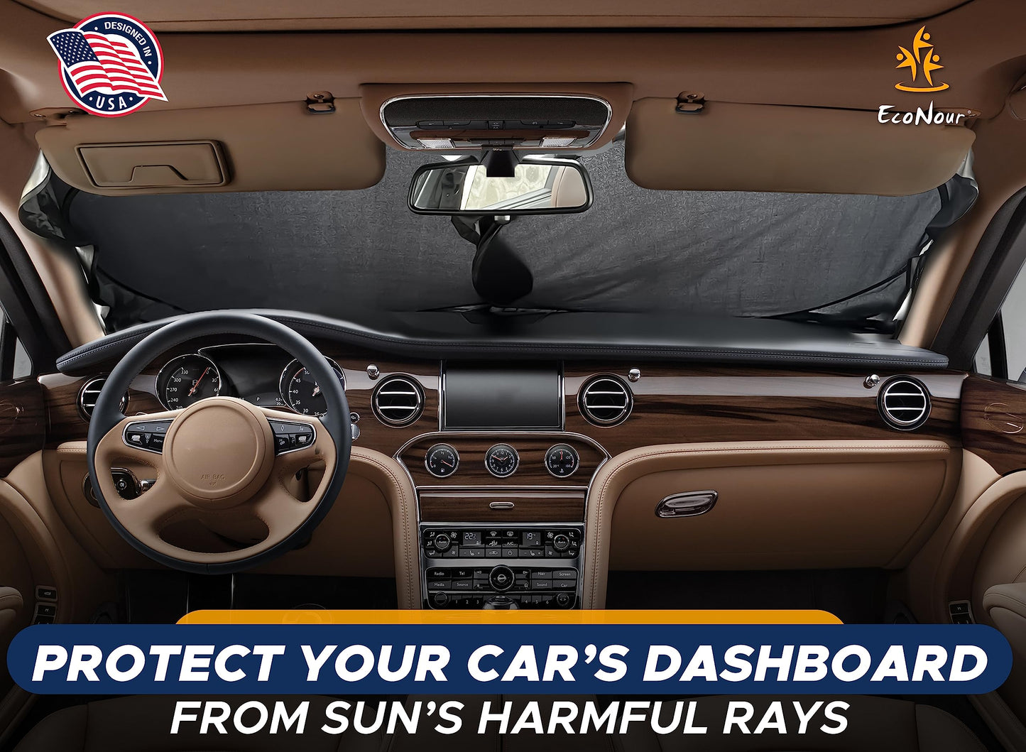 EcoNour Car Shade Front Windshield | Windshield Dash Protector for Maximum UV Rays and Sun Heat Protection | Sun Visor Car Interior Accessory for Cooler Interior | Large (64 x 34 inches)