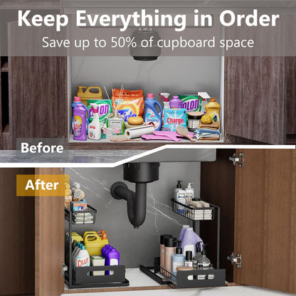 Ceetug Under Sink Organizers and Storage 2 Tier Slide Out Kitchen Cabinet Organizer Sturdy Metal Bathroom Storage (Black, 2 Pack)