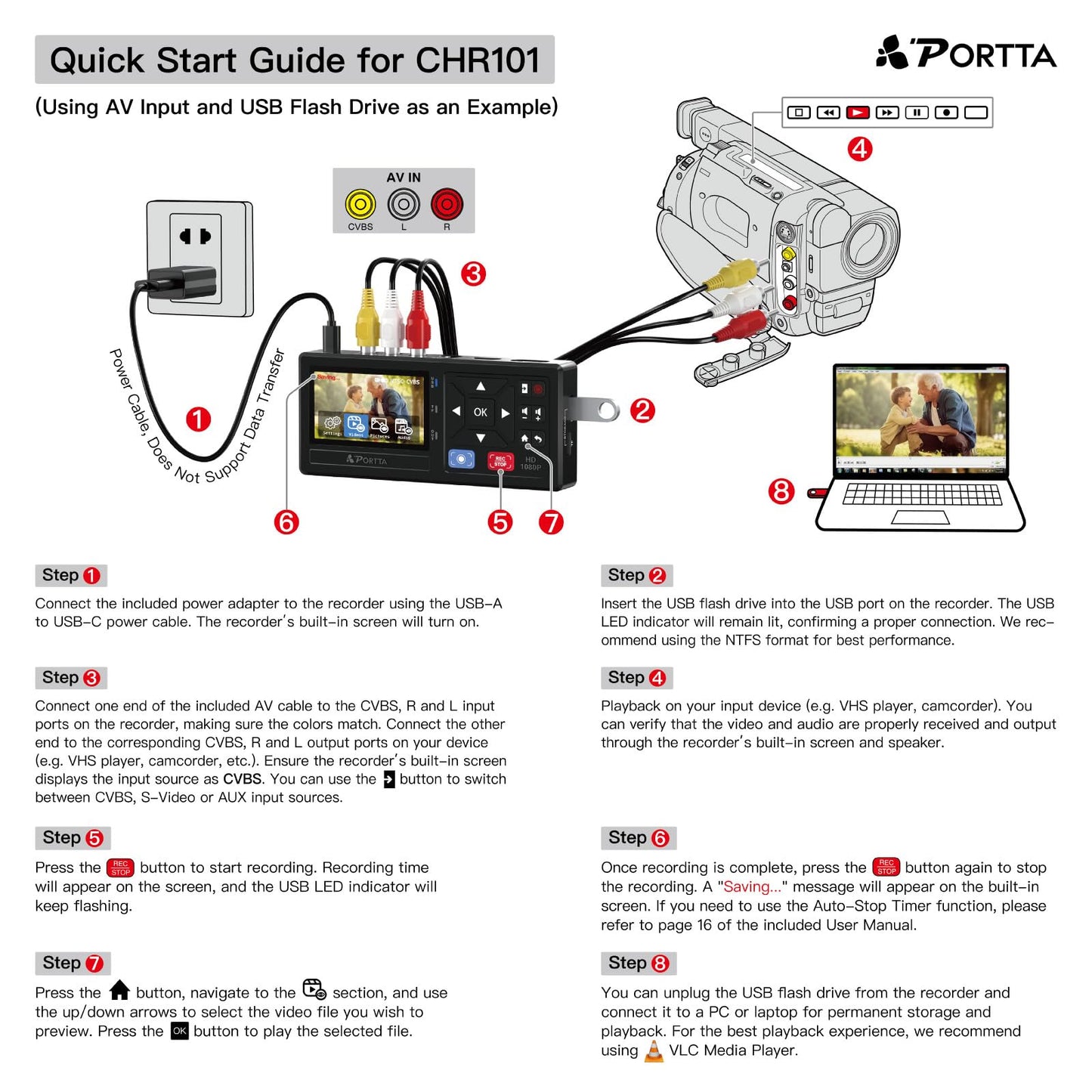 Portta VHS to Digital Converter, Video to Digital Recorder with Remote, Compatible with VHS, VCR, DVR, DVD, Hi8, Mini DV Players, Camcorder, Gaming Consoles (Tapes/DVD Player Not Included)