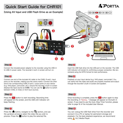 Portta VHS to Digital Converter, Video to Digital Recorder with Remote, Compatible with VHS, VCR, DVR, DVD, Hi8, Mini DV Players, Camcorder, Gaming Consoles (Tapes/DVD Player Not Included)