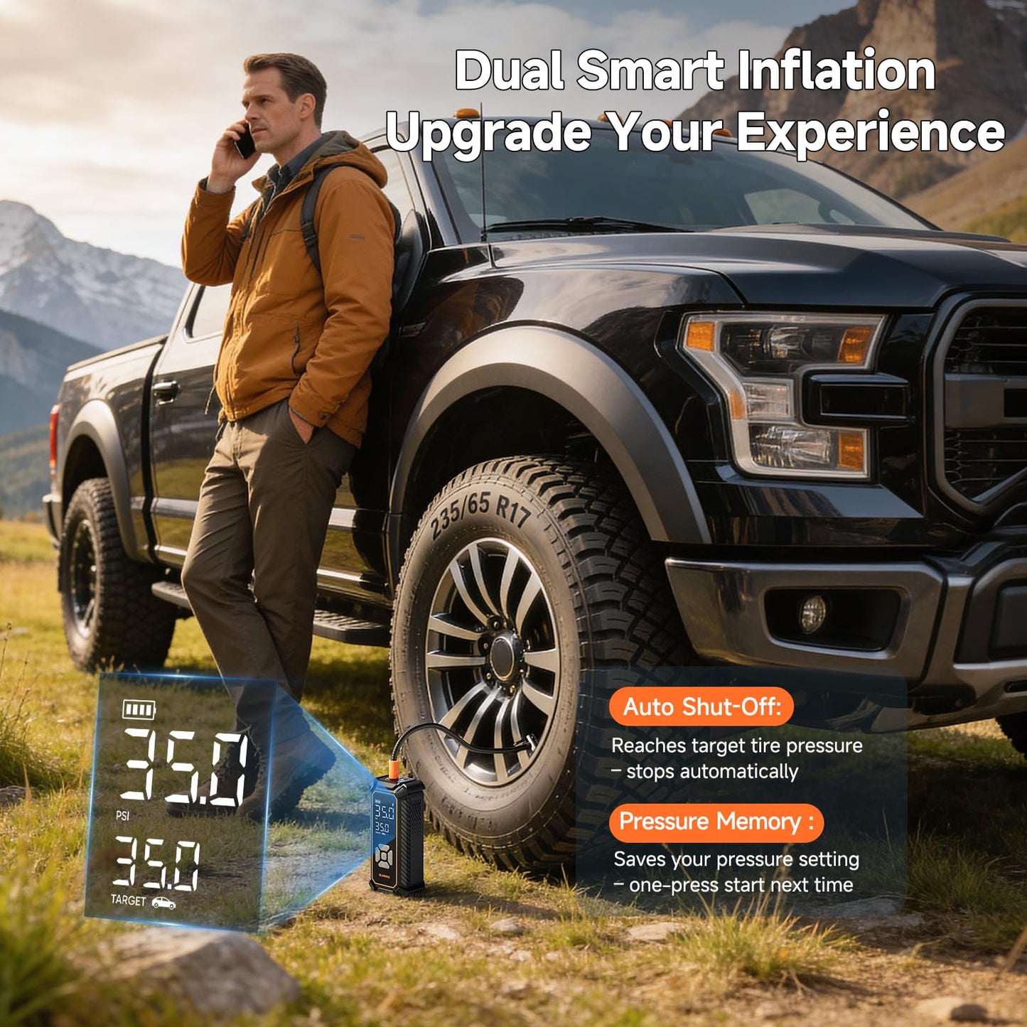 OlarHike Tire Inflator Portable Air Compressor, 150PSI Dual Power - 6000mAh & 12V DC, Cordless Air Pump for Car Tires, Bike, Motorcycle, Balls with LED & Digital Pressure Gauge, Auto Shut‑Off