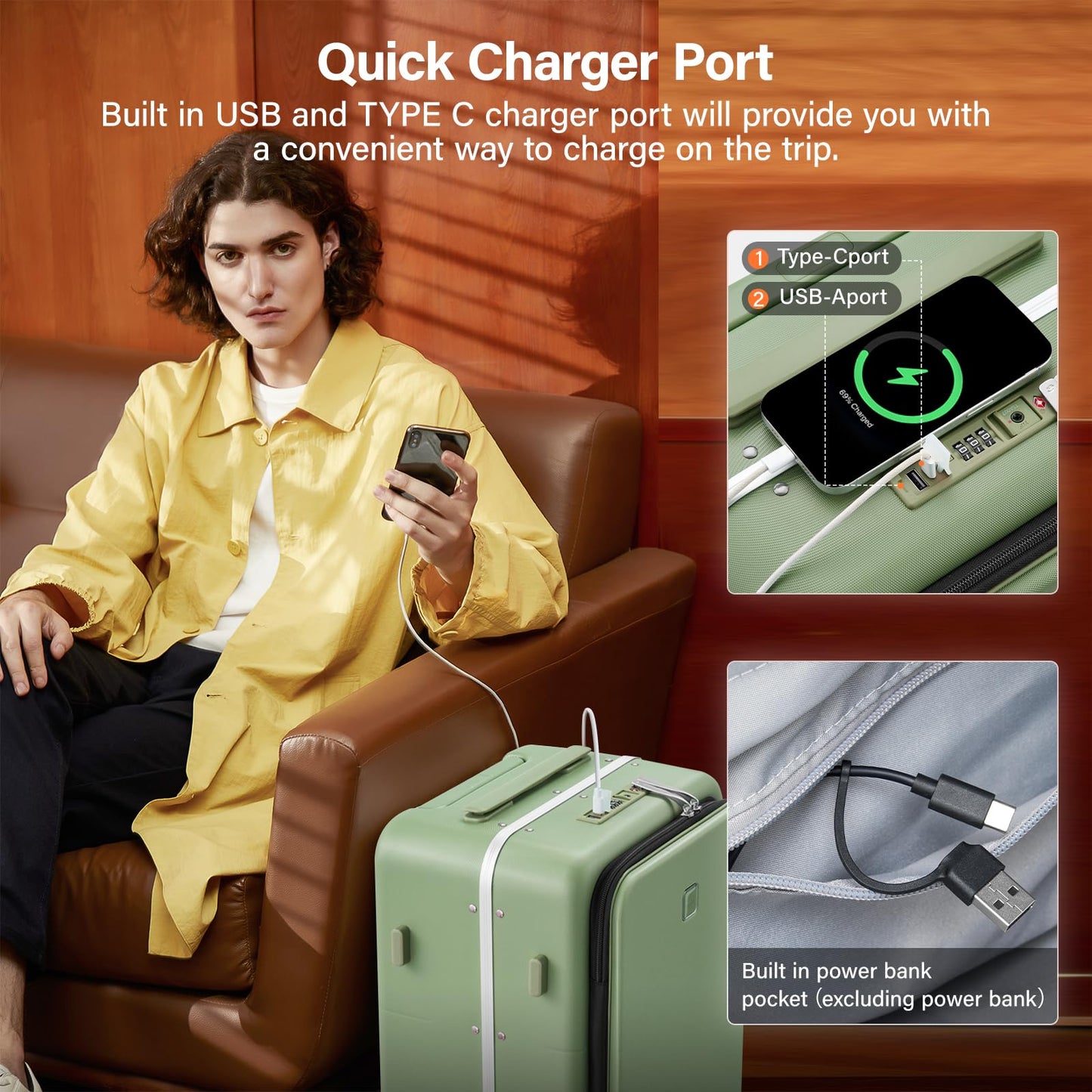 Hanke 28 Inch Luggage with Cup Holder and Charge,Top Opening Hard Shell Suitcases with Wheels and Dividers,Aluminum Frame Trunk Luggage Extra Large Suitcase with Lock for Travel，Bamboo Green