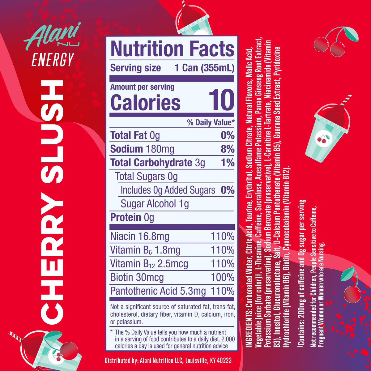 Alani Nu CHERRY SLUSH, Sugar Free, Low Calorie Energy Drinks, 200mg Caffeine, Biotin, B Vitamins, Zero Sugar, 10 Calories, 12 Fl Oz Cans, 24 Pack