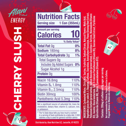 Alani Nu CHERRY SLUSH, Sugar Free, Low Calorie Energy Drinks, 200mg Caffeine, Biotin, B Vitamins, Zero Sugar, 10 Calories, 12 Fl Oz Cans, 24 Pack