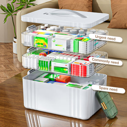 ARSTPEOE 3-Tier Medicine Organizer - Portable Medicine Cabinet with Plastic Handle, Multipurpose Medical Box with Pill Box, Empty First Aid Kit for Home
