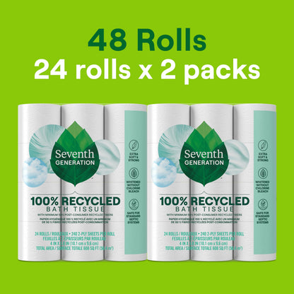 Seventh Generation Toilet Paper White Bathroom Tissue 2-ply 100% Recycled Paper without Chlorine Bleach 24 count, Pack of 2