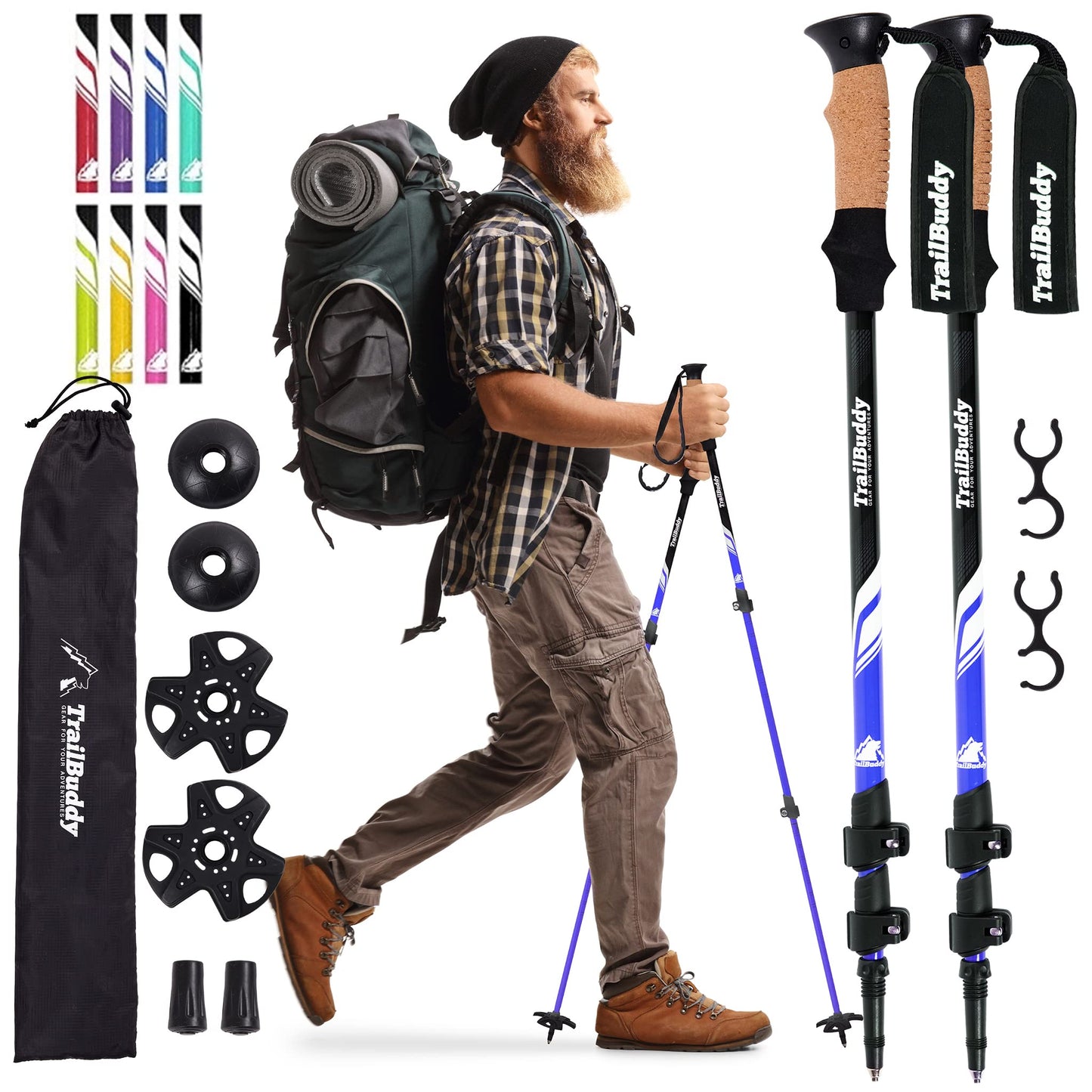 TrailBuddy Trekking Poles – Lightweight 7075 Aluminum Hiking Poles for Women, Men & Seniors – Collapsible Walking Sticks for Travel, Trails & Balance